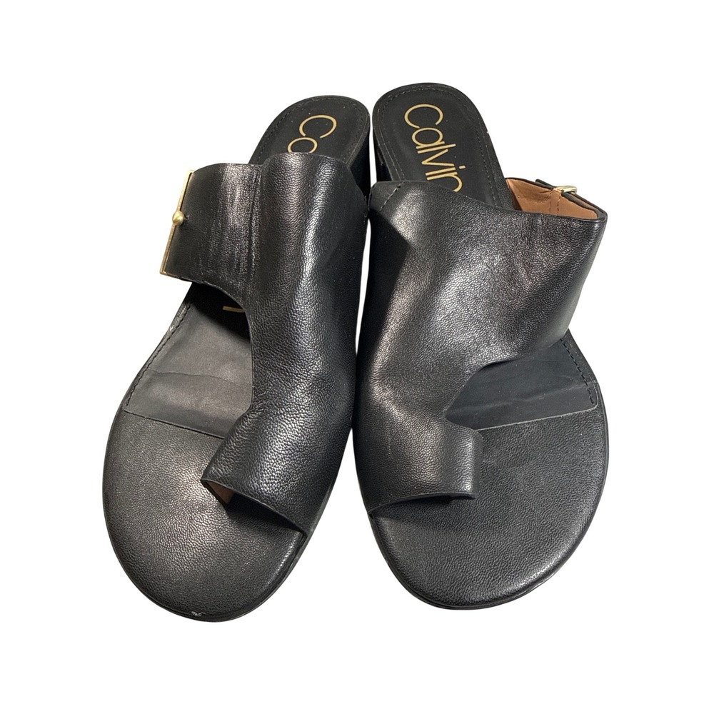 Calvin Klein Womens Black Leather Toe Loop Block Heel Sandals Gold Hardware